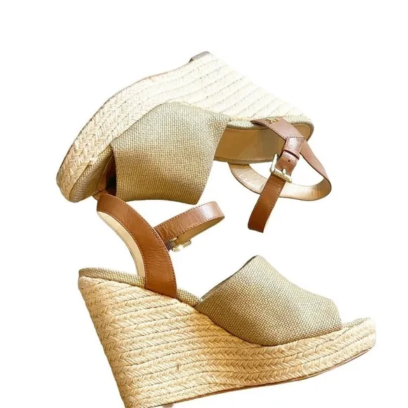 Michael Kors Penelope Wedge Canvas/LeatherGold/Luggage Platform Sandal Size 9.5M
