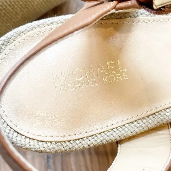 Michael Kors Penelope Wedge Canvas/LeatherGold/Luggage Platform Sandal Size 9.5M