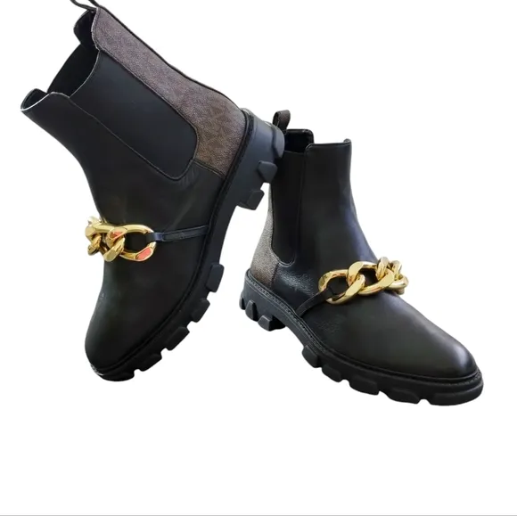 Michael Kors Scarlett Black Leather Chainlink Embellished Boots Mobwife Designer