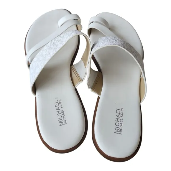 Michael Kors White and Gray Toe Strap Sandals MK Logo 8