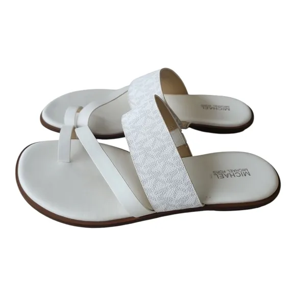 Michael Kors White and Gray Toe Strap Sandals MK Logo 8