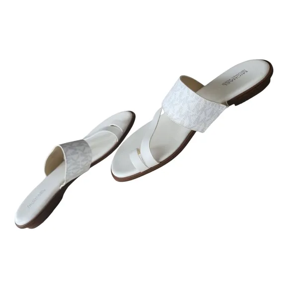 Michael Kors White and Gray Toe Strap Sandals MK Logo 8