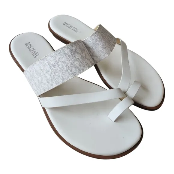 Michael Kors White and Gray Toe Strap Sandals MK Logo 8