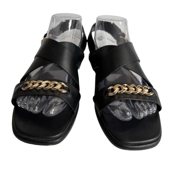 Michael Kors Womens 9M Shawna Sandals Black Strap Buckle Chain Faux Leather