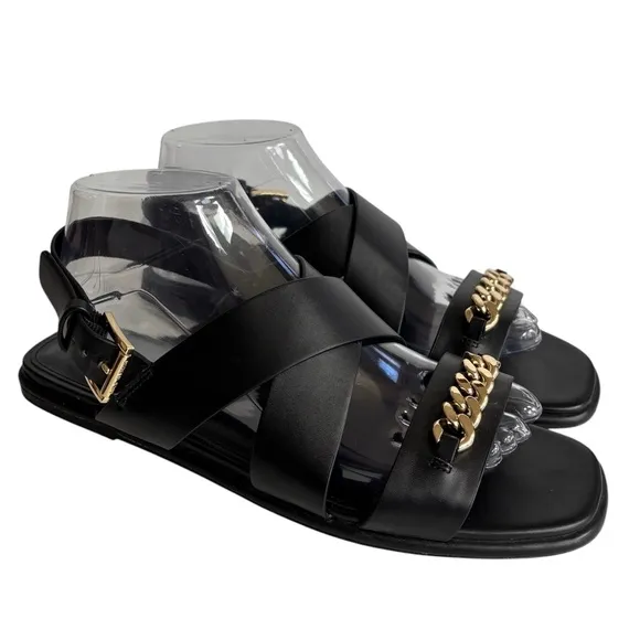 Michael Kors Womens 9M Shawna Sandals Black Strap Buckle Chain Faux Leather