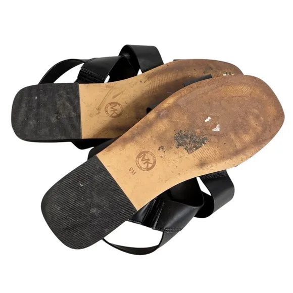 Michael Kors Womens 9M Shawna Sandals Black Strap Buckle Chain Faux Leather