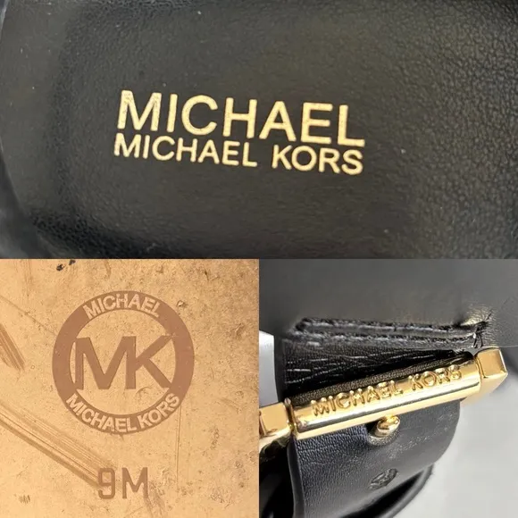 Michael Kors Womens 9M Shawna Sandals Black Strap Buckle Chain Faux Leather