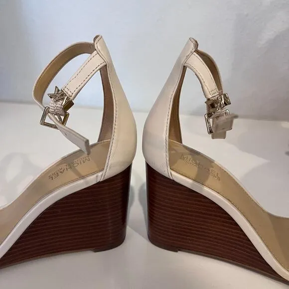 MICHAEL KORS Women’s Fiona Wood Wedge Open Toe Sandals Ankle Strap, Cream
