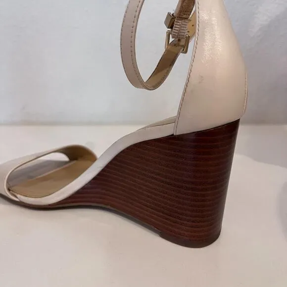 MICHAEL KORS Women’s Fiona Wood Wedge Open Toe Sandals Ankle Strap, Cream