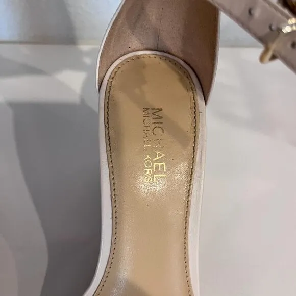 MICHAEL KORS Women’s Fiona Wood Wedge Open Toe Sandals Ankle Strap, Cream