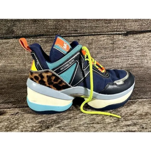 Michael Kors Womens Olympia Sig Semi Lux Trainer Sneakers Multi Color Sz 7