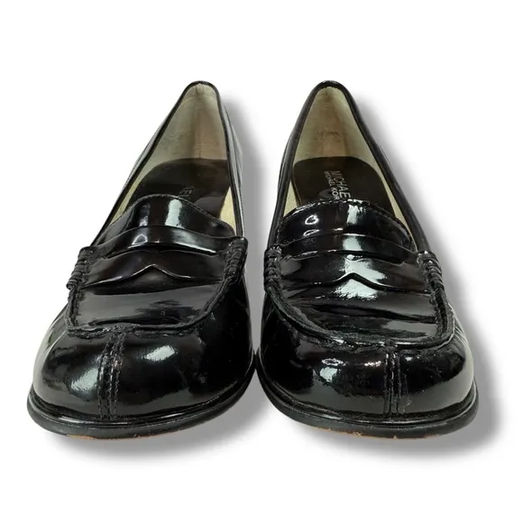 MICHAEL Michael Kors Black Patent Leather Block Heel Penny Loafers, Size 6.5