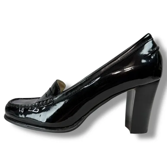 MICHAEL Michael Kors Black Patent Leather Block Heel Penny Loafers, Size 6.5