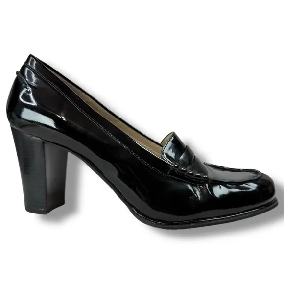 MICHAEL Michael Kors Black Patent Leather Block Heel Penny Loafers, Size 6.5