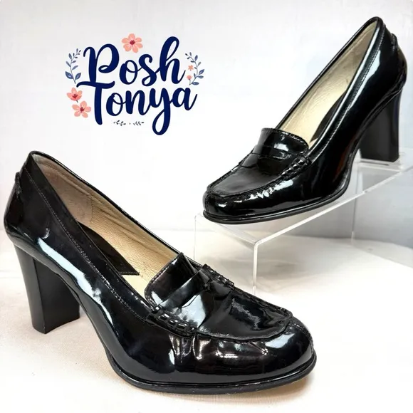 MICHAEL Michael Kors Black Patent Leather Block Heel Penny Loafers, Size 6.5