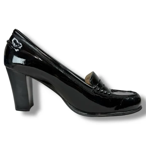 MICHAEL Michael Kors Black Patent Leather Block Heel Penny Loafers, Size 6.5