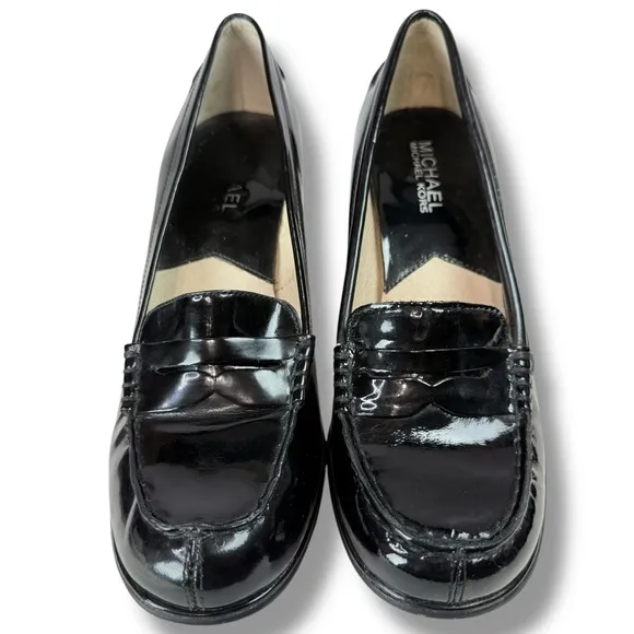 MICHAEL Michael Kors Black Patent Leather Block Heel Penny Loafers, Size 6.5