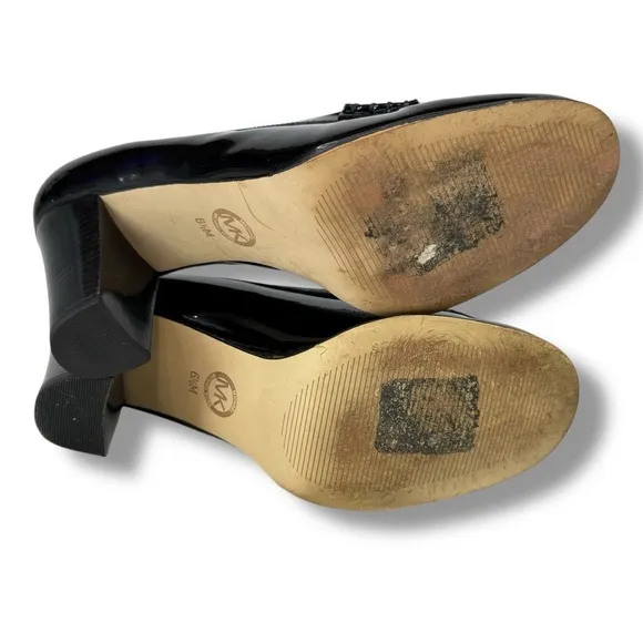 MICHAEL Michael Kors Black Patent Leather Block Heel Penny Loafers, Size 6.5