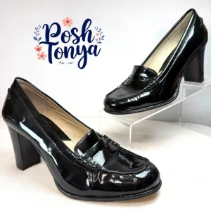 MICHAEL Michael Kors Black Patent Leather Block Heel Penny Loafers, Size 6.5