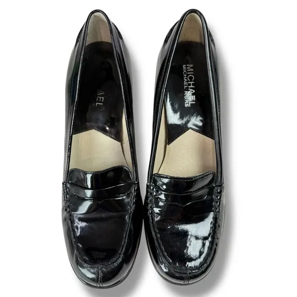 MICHAEL Michael Kors Black Patent Leather Block Heel Penny Loafers, Size 6.5