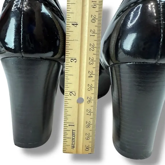 MICHAEL Michael Kors Black Patent Leather Block Heel Penny Loafers, Size 6.5