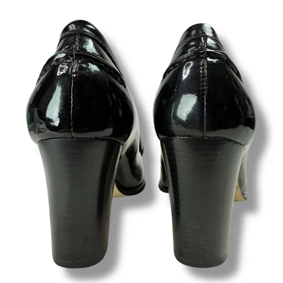 MICHAEL Michael Kors Black Patent Leather Block Heel Penny Loafers, Size 6.5