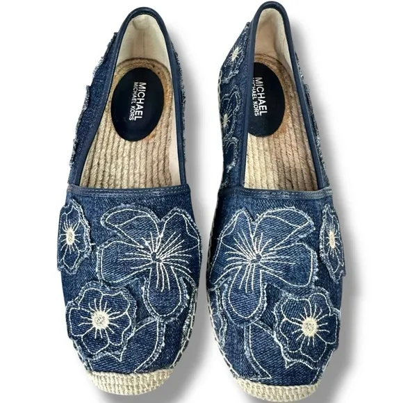 Michael Michael Kors Slip On Espadrille Flats Kendrick Floral Denim Patch,Size 6