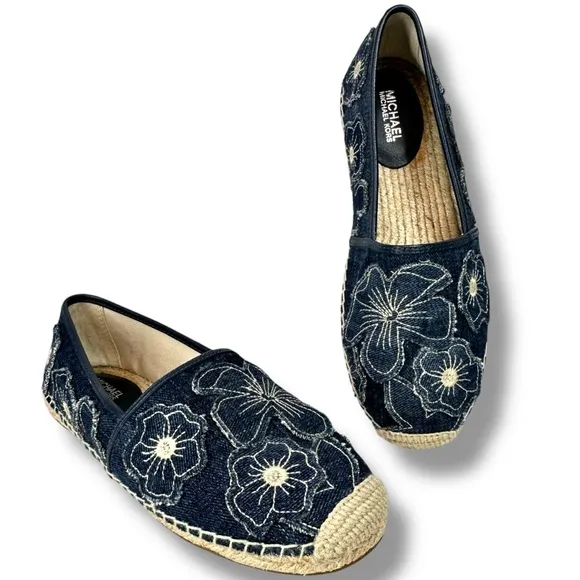 Michael Michael Kors Slip On Espadrille Flats Kendrick Floral Denim Patch,Size 6