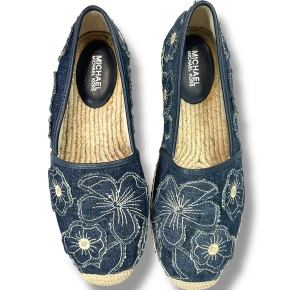 Michael Michael Kors Slip On Espadrille Flats Kendrick Floral Denim Patch,Size 6