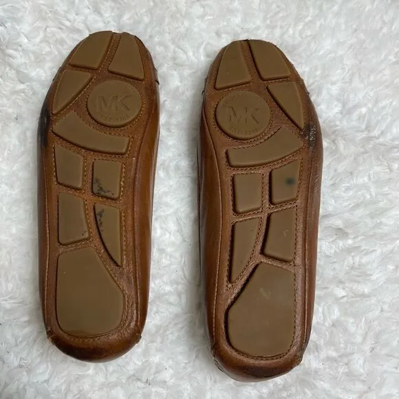Michael Kors Fulton leather tan slip on flats with gold tone logo accent SZ7.5M