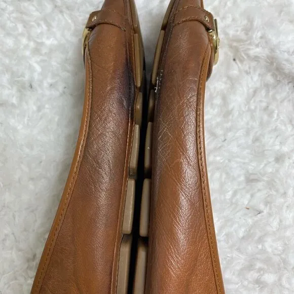 Michael Kors Fulton leather tan slip on flats with gold tone logo accent SZ7.5M