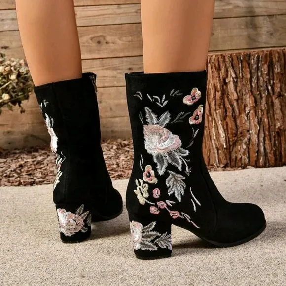 Mid-Calf Boots, Thick Heel  Boots, Embroidered Slim Elastic Boots