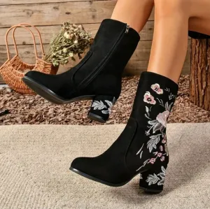 Mid-Calf Boots, Thick Heel  Boots, Embroidered Slim Elastic Boots