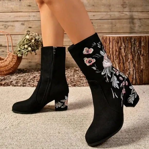 Mid-Calf Boots, Thick Heel  Boots, Embroidered Slim Elastic Boots