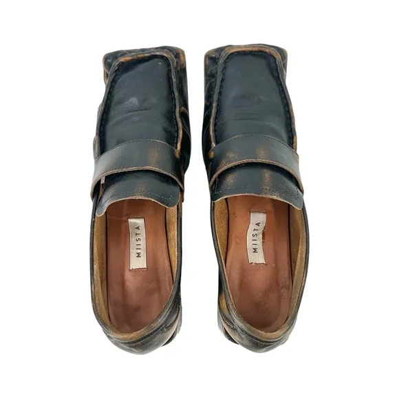 Miista Black Brown Distressed Grained Leather Square Toe Block Heel Loafers s 40