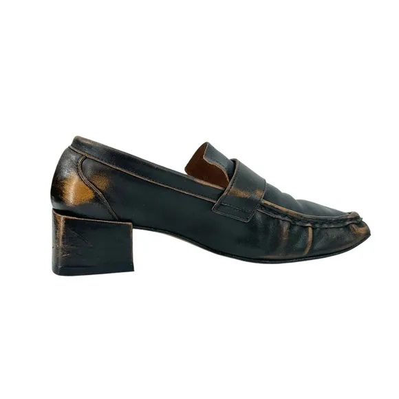 Miista Black Brown Distressed Grained Leather Square Toe Block Heel Loafers s 40