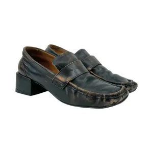 Miista Black Brown Distressed Grained Leather Square Toe Block Heel Loafers s 40