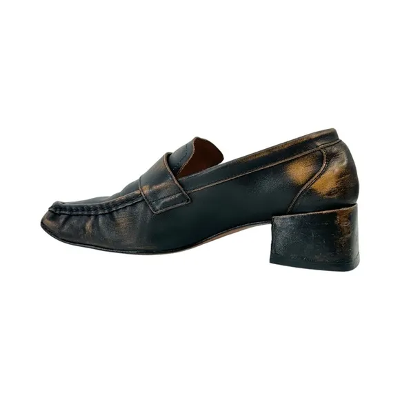 Miista Black Brown Distressed Grained Leather Square Toe Block Heel Loafers s 40