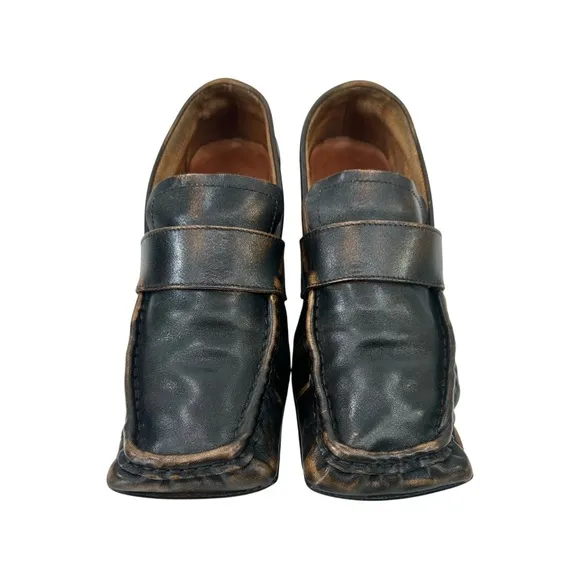 Miista Black Brown Distressed Grained Leather Square Toe Block Heel Loafers s 40