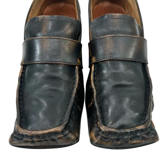 Miista Black Brown Distressed Grained Leather Square Toe Block Heel Loafers s 40