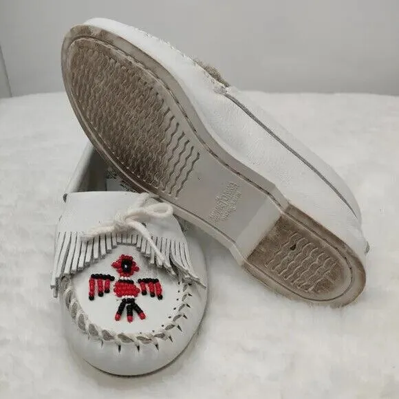 Minnetonka White Leather Beaded Slip On Moccasin Flats 6