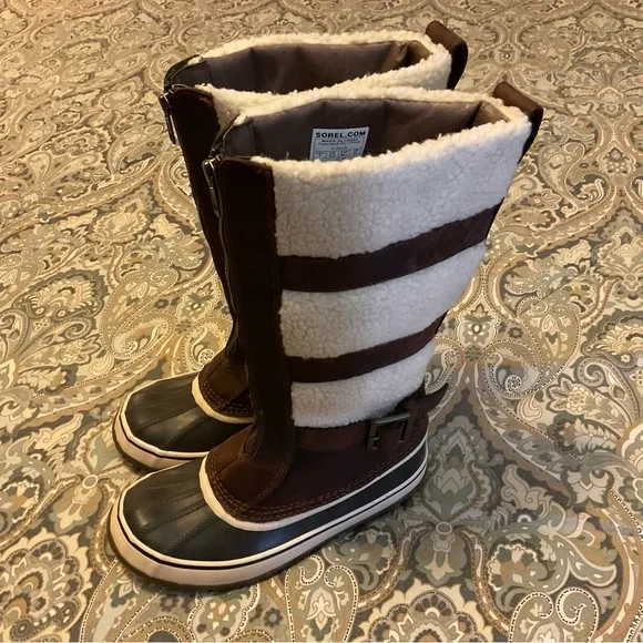 Mint Sorel Helen Of Tundra Leather Sherpa Tall Winter Boots Women’s Sz 7 Worn 1x