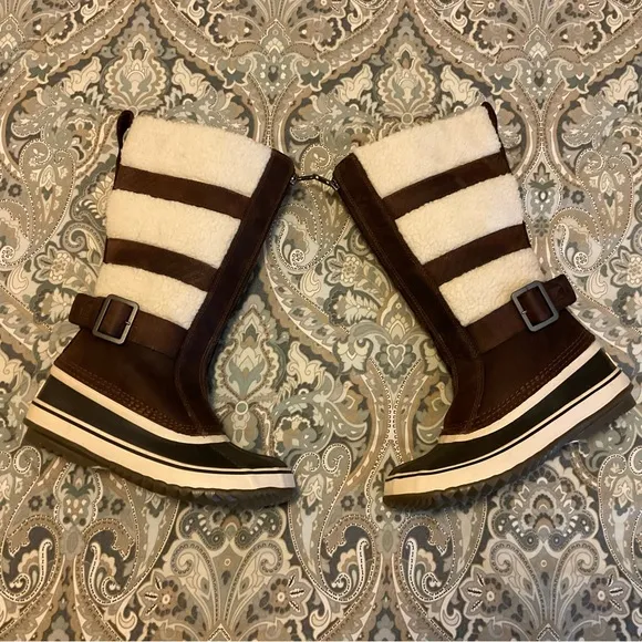 Mint Sorel Helen Of Tundra Leather Sherpa Tall Winter Boots Women’s Sz 7 Worn 1x
