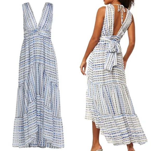 Misa Los Angeles -Dominika Blue &amp; White Striped Gauzy lined Dress Size XL