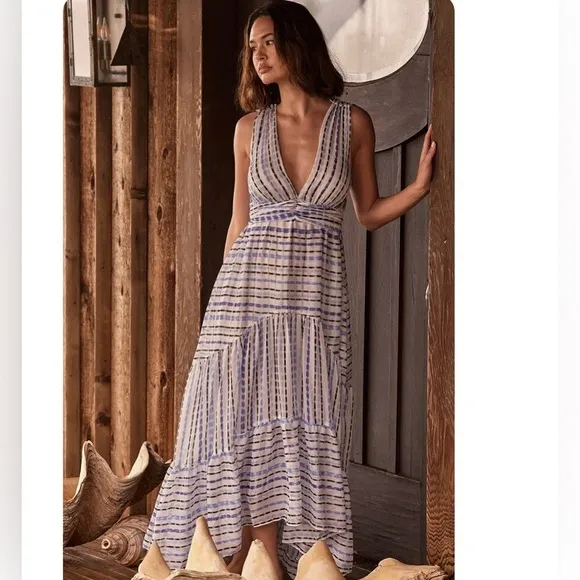 Misa Los Angeles -Dominika Blue &amp; White Striped Gauzy lined Dress Size XL