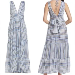 Misa Los Angeles -Dominika Blue &amp; White Striped Gauzy lined Dress Size XL