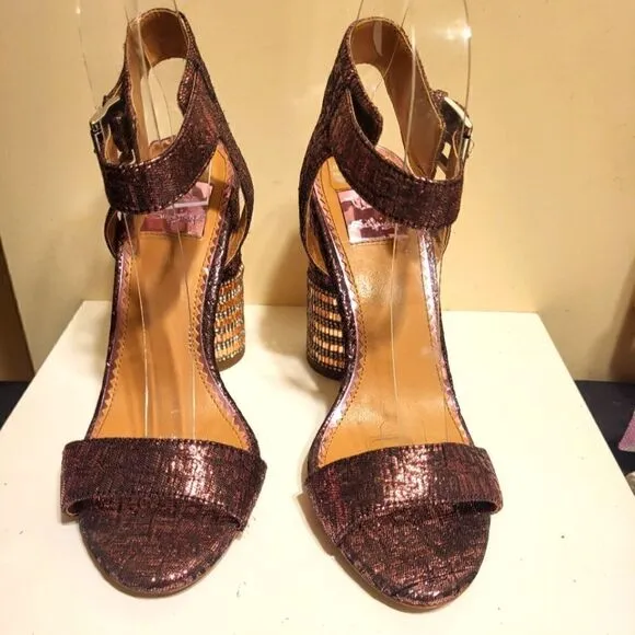 Miss Selfridge Purple Metallic Strap Sandals Rose Gold Crystal Heels Sz.7 $125
