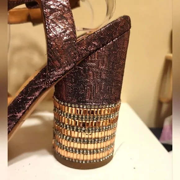 Miss Selfridge Purple Metallic Strap Sandals Rose Gold Crystal Heels Sz.7 $125