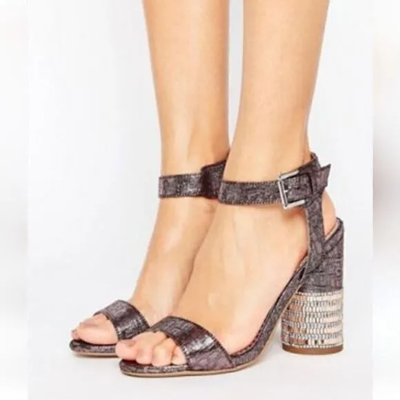 Miss Selfridge Purple Metallic Strap Sandals Rose Gold Crystal Heels Sz.7 $125