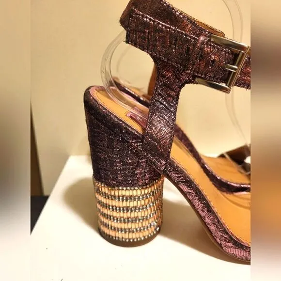 Miss Selfridge Purple Metallic Strap Sandals Rose Gold Crystal Heels Sz.7 $125